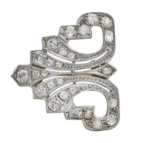 Art Deco Platinum and 18k Yellow Gold Diamond Brooch Pin