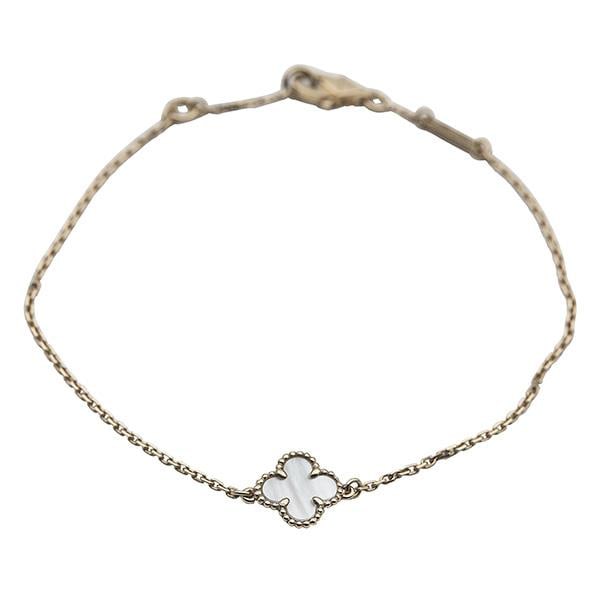 Van Cleef & Arpels Sweet Alhambra 18k Yellow Gold Mother-of-Pearl Bracelet: METAL: 18k Yellow Gold. GEMSTONES: Mother-of-Pearl. MEASUREMENTS: Length 6 3/4 inches, center motif 9mm x 9mm. MARKED: VCA, Au750, JG481515, assay mark, maker's mark. Comes with papers. WEIGHT: 1.