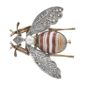 Vintage 18k Yellow Gold and Platinum Diamond, Pearl and Agate Bug Brooch