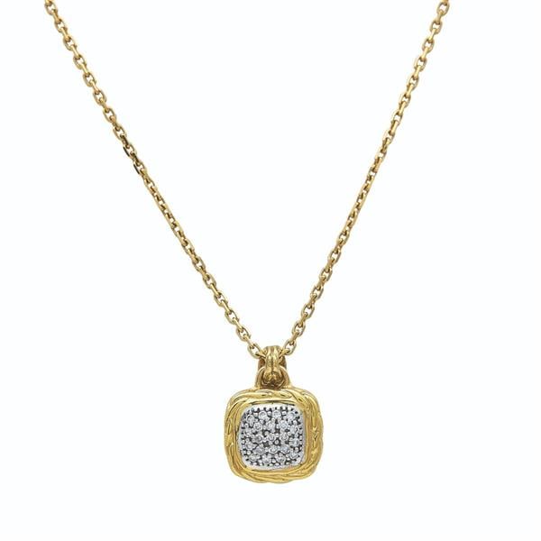 John Hardy 18k Yellow Gold Diamond Pendant Necklace: METAL: 18k Yellow Gold. GEMSTONES: Diamonds approx. 0.25 ctw. MEASUREMENTS: Necklace length 18 inches, pendant is 18mm x 11mm with bail. MARKED: John Hardy, maker's mark, 18k. WEIGHT: 6.9 grams. G