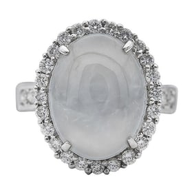 18k White Gold  Oval Cab Mutton Jade and Diamond Ring