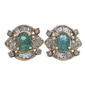 Pair of 14k Yellow Gold Emerald and Diamond Earrings
