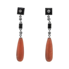Pair of 18k White Gold Coral, Onyx and Diamond Drop Earrings
