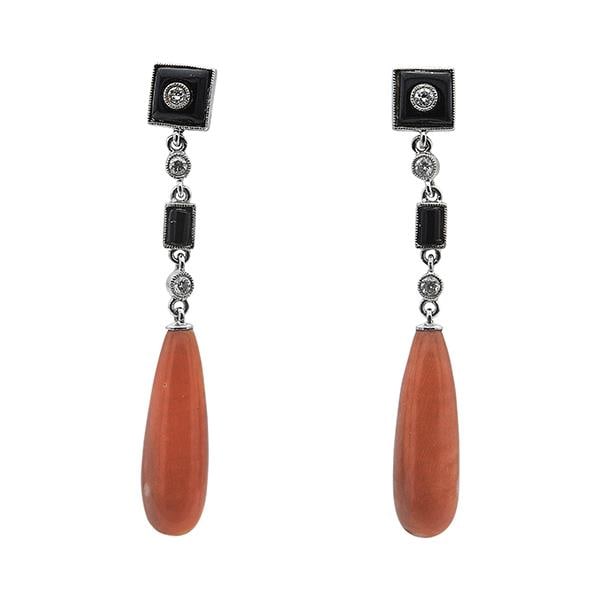 Pair of 18k White Gold Coral, Onyx and Diamond Drop Earrings (1 of 3)