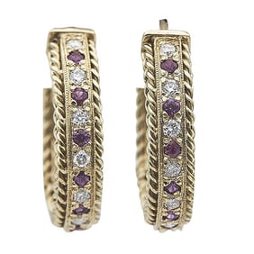 Pair of 18k Yellow Gold Diamond and Ruby Hoop Earrings