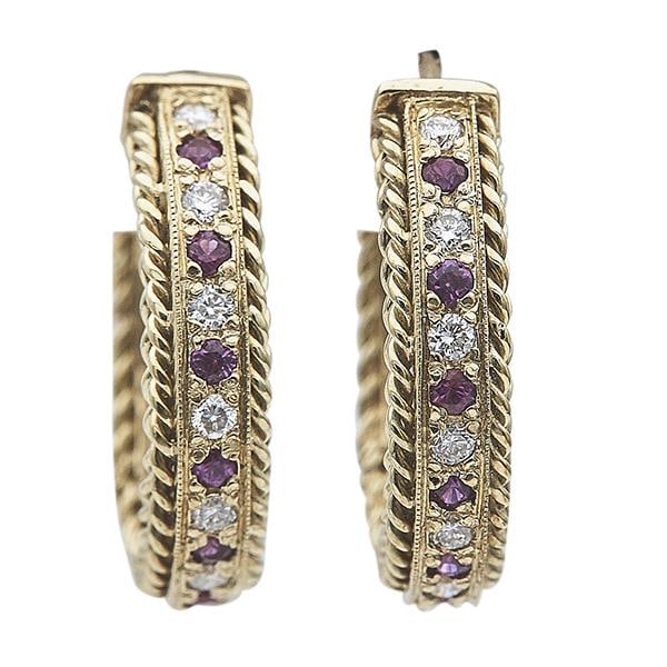 Pair of 18k Yellow Gold Diamond and Ruby Hoop Earrings (1 of 3)