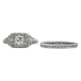 Art Deco Platinum Diamond Engagement Ring and Wedding Band