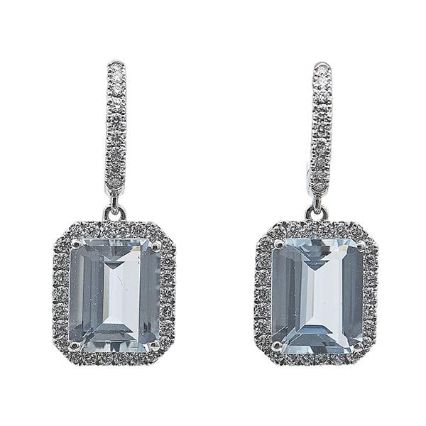 Pair of 18k White Gold Aquamarine and Diamond Drop Earrings: METAL: 18k White Gold. GEMSTONES: Diamonds approx. 0.68 ctw, Aquamarines approx. 5.96 ctw. MEASUREMENTS: 26mm x 11mm. MARKED: 750, Made in Italy, maker's mark, Br 0.68, Am 5.96. WEIGHT: 6.4 grams.