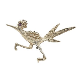 14k Yellow Gold Ruby Roadrunner Brooch Pin
