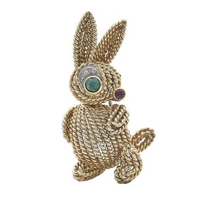 Vintage Van Cleef & Arpels 18k Yellow Gold Emerald, Diamond and Ruby Bunny Brooch Pin