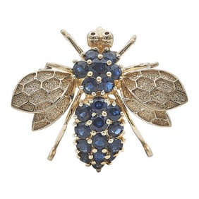 14k Yellow Gold Sapphire Bee Brooch Pin