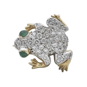 18k Yellow Gold Diamond and Emerald Frog Brooch Pin
