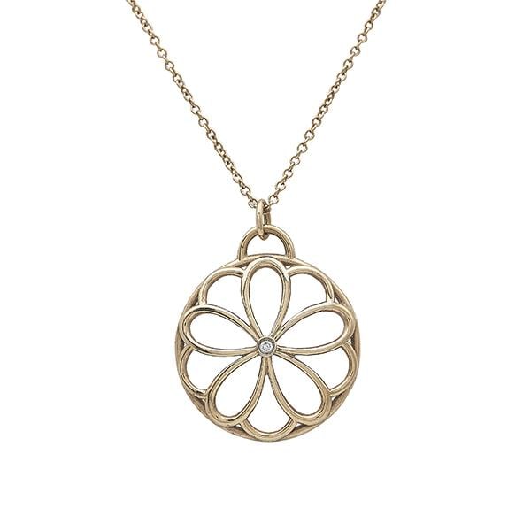 Tiffany & Co. Garden Flower 18k Rose Gold Diamond Pendant Necklace: METAL: 18k Rose Gold. GEMSTONES: Diamond approx. 0.05 carat. MEASUREMENTS: Necklace length 16 inches, pendant is 25mm x 20mm. MARKED: Tiffany & Co., 750, Italy. WEIGHT: 3.6 grams. Gemstones have n