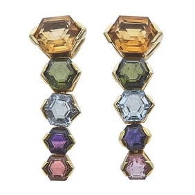 Pair of 18k Yellow Gold Hex Cut Multi Gem-Set Flexible Drop Earrings