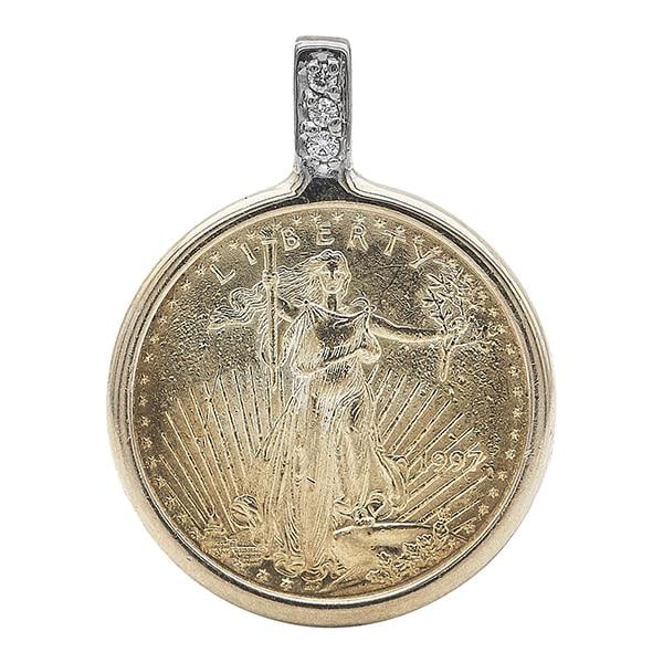 14k Yellow Gold Diamond Pendant with 1997 $5 Dollar American Eagle Gold Coin (1 of 3)