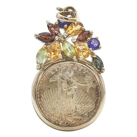 14k Yellow Gold Multi Gem-Set Pendant with 2004  $5 Dollar American Eagle Gold Coin