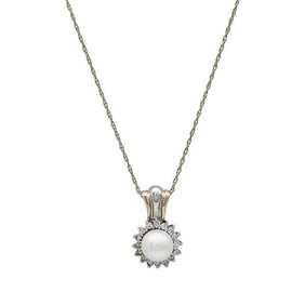 14k Yellow and White Gold  Freshwater Pearl and Diamond Pendant Necklace