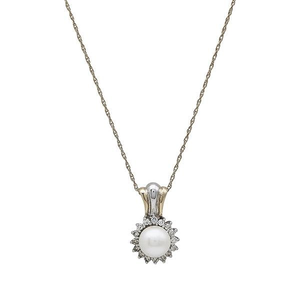 14k Yellow and White Gold Freshwater Pearl and Diamond Pendant Necklace: METAL: 14k Yellow Gold, 14k White Gold. GEMSTONES: Diamonds approx. 0.08 ctw, Pearl measuring approx. 6.5mm. MEASUREMENTS: Necklace length 18 inches, pendant is 17mm x 10mm. MARKED: 14k, maker's m