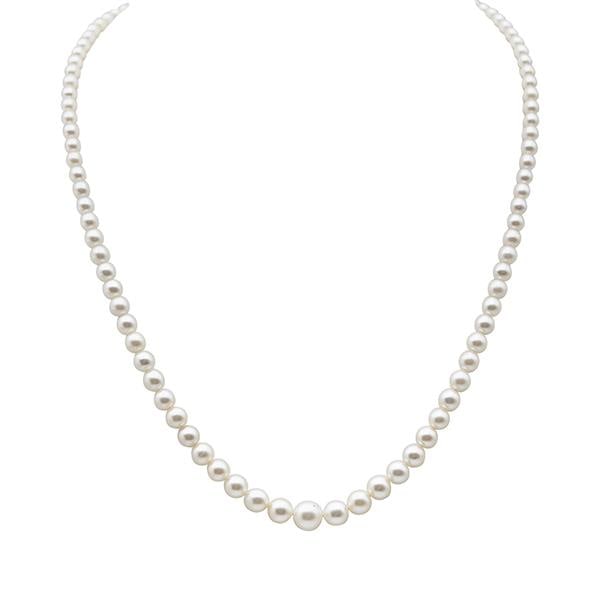 Mikimoto Graduated Akoya Cultured Pearl 18 inch Necklace with Silver Clasp: METAL: Silver. GEMSTONES: Pearls measuring approx. 3.2mm - 7mm. MEASUREMENTS: Necklace length 18 inches. MARKED/TESTED: M. Clasp tested as Silver. WEIGHT: 15.3 grams. Gemstones have not been graded fo