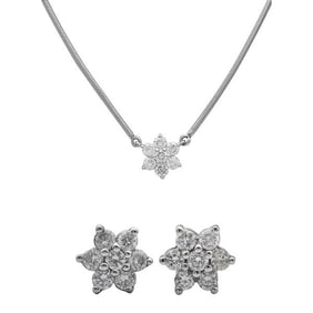 14k White Gold Diamond Cluster Earrings and Pendant Necklace Suite