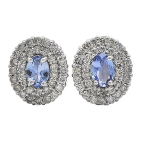 Pair of 14k White Gold Oval Tanzanite and Diamond Double Halo Stud Earrings