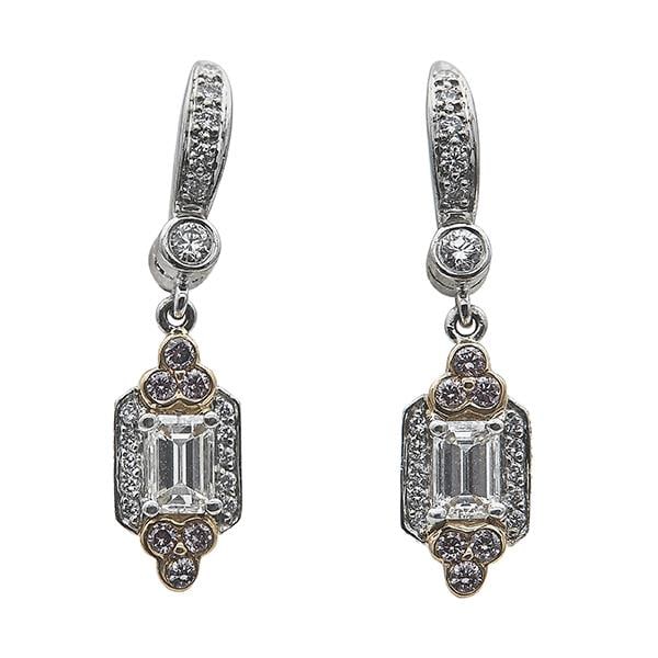 A Pair of Charles Krypell 18k Rose Gold and Platinum Diamond and Pink Diamond Drop Earrings: METAL: 18k White Gold. GEMSTONES: Diamonds approx. 1.20 ctw, Pink diamonds approx. 0.24 ctw. MEASUREMENTS: 38mm x 6mm. MARKED: Krypell, PT950, 750. With 14k Gold backs. WEIGHT: 6.8 grams. Gemstones ha