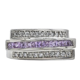 14k White Gold Pink Sapphire and Diamond Three Row Ring