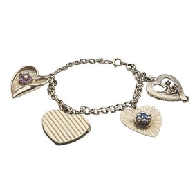 Vintage 14k Yellow Gold Bracelet with Four Multi Gem-Set Heart Charms