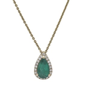 14k Yellow Gold Emerald and Diamond Halo Pendant Necklace