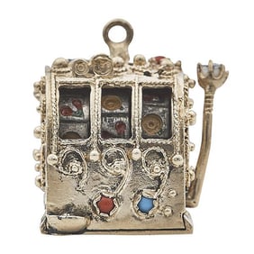 Vintage 14k Yellow Gold Coral, Turquoise and Pearl Slot Machine Pendant Charm