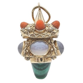 18k Yellow Gold Malachite, Chalcedony and Coral Pendant Charm