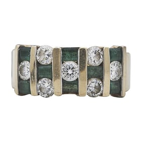14k Yellow Gold Emerald and Diamond Three Row Band Ring