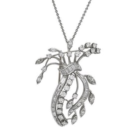 Platinum Diamond Floral Spray Convertible Brooch and Pendant with 14k White Gold Chain