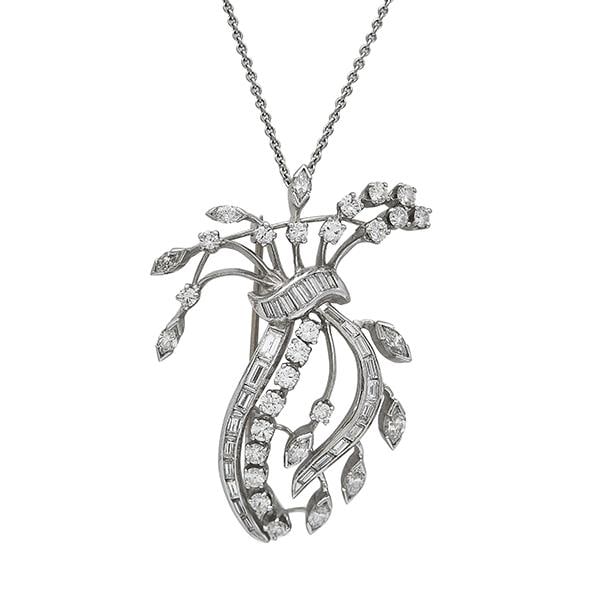 Platinum Diamond Floral Spray Convertible Brooch and Pendant with 14k White Gold Chain (1 of 4)