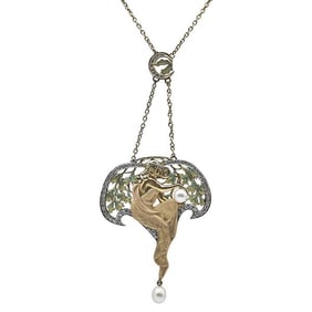 Masriera 18k Yellow Gold Diamond, Enamel and Pearl Figural Brooch and Pendant Necklace