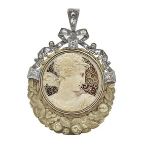18k Yellow Gold and Platinum Diamond, Bone Cameo and Tortoise Shell Pendant