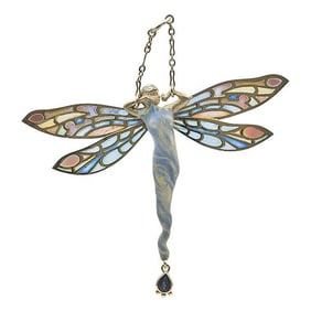 Art Nouveau Style 18k Yellow Gold Plique-A-Jour Enamel and Sapphire Drop Figural Pendant