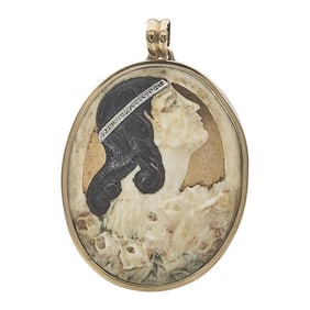 18k Yellow Gold and Platinum Bone Cameo Pendant