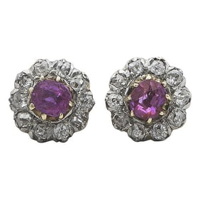 Pair of 18k Yellow Gold and Platinum Ruby and Diamond Halo Stud Earrings
