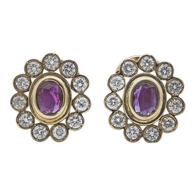 Pair of 18k Yellow Gold Diamond and Ruby Halo Earrings