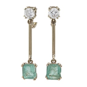 Pair of 18k Yellow Gold Emerald and Diamond Drop Earrings