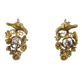 Pair of Antique 18k Yellow Gold Diamond Bird and Flower Earrings