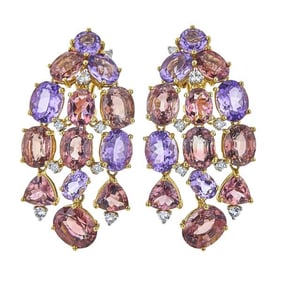 Pair of Suarez 18k Yellow Gold Diamond, Tourmaline and Amethyst Chandelier Earrings