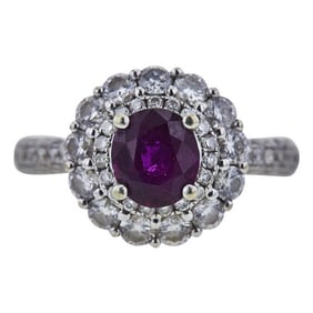 14k White Gold Ruby and Diamond Halo Ring