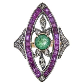 14k Yellow Gold and Silver Ruby, Emerald and Diamond Navette Ring
