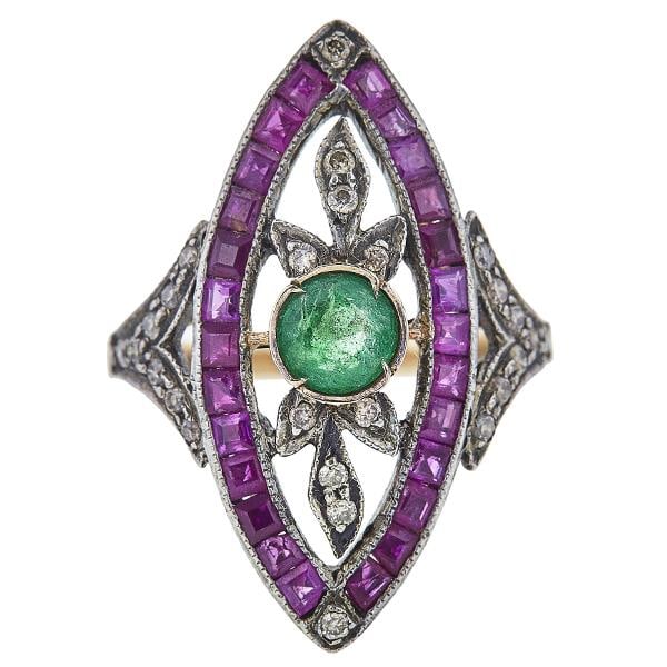 14k Yellow Gold and Silver Ruby, Emerald and Diamond Navette Ring (1 of 2)