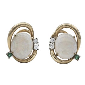 Pair of 18k Yellow and White Gold Opal, Diamond and Emerald Earrings