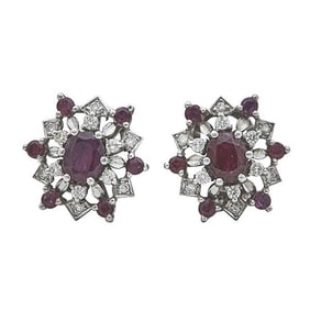 Pair of 18k White Gold Ruby and Diamond Cluster Earrings