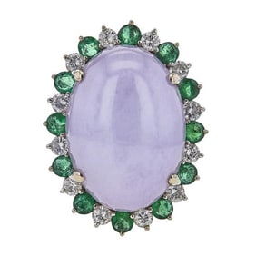 14k White Gold Lavender Jade, Diamond and Emerald Ring