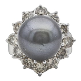 18k White Gold Tahitian Pearl and Diamond Ring